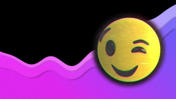 Animation Blinking Emoticon Purple Wave Black Background Digital Interface Technology — Stock Video