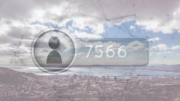 Animation Des Netzwerks Von Verbindungen Mit Symbolen Über Dem Stadtbild — Stockvideo