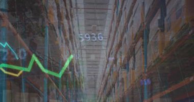 Deponun üzerinde çizgiler olan istatistik işleme animasyonu. küresel nakliye, iş ve veri işleme kavramı dijital olarak oluşturulmuş video.