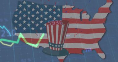 Amerikan bayrağının animasyonu, çizgileri ve istatistikleri olan şapka ve harita. Amerikan vatanseverliği, bağımsızlık ve iş konsepti dijital olarak üretilen video.