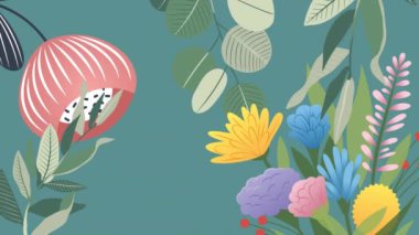 Yeşil arka planda hareket eden çiçek ve yaprakların animasyonu. mevsimler, ilkbahar ve doğa konsepti dijital olarak üretilen video.