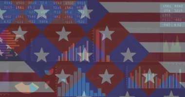 İstatistik işlenmiş Amerikan bayraklarının animasyonu. Amerikan vatanseverliği, bağımsızlık ve iş konsepti dijital olarak üretilen video.