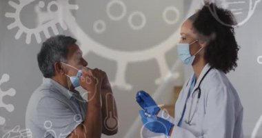 Çift ırklı kadın doktorun erkek hastadan örnek alması üzerine kovid 19 ikonun canlandırılması. küresel covid 19 salgın konsepti dijital olarak oluşturulmuş video.