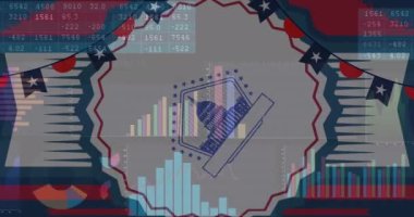 İstatistik işlenmiş Amerikan bayraklarının animasyonu. Amerikan vatanseverliği, bağımsızlık ve iş konsepti dijital olarak üretilen video.