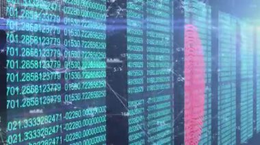 Biyometrik parmak izi üzerinde veri işleme animasyonu. Dijital arayüz ve veri işleme kavramı dijital olarak oluşturuldu.