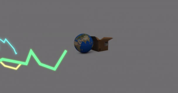 Animazione Elaborazioni Statistiche Con Linee Globo Scatola Cartone Sfondo Grigio — Video Stock