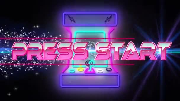 Animation Press Start Metallic Text Και Neon Retro Video Game — Αρχείο Βίντεο