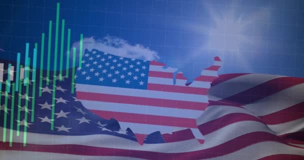 Анимация Американского Флага Карты Обработкой Статистики Американский Патриотизм Независимость Бизнес — стоковое видео