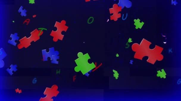 Animación Rompecabezas Azules Verdes Rojos Flotando Sobre Letras Sobre Fondo — Vídeo de stock