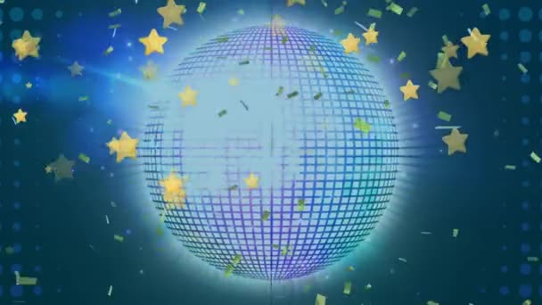 Animación Estrellas Confeti Sobre Bola Giratoria Espejo Concepto Celebración Festividad — Vídeos de Stock