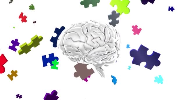 Animatie Van Kleurrijke Puzzel Hersenen Zweven Witte Achtergrond Nationaal Puzzel — Stockvideo