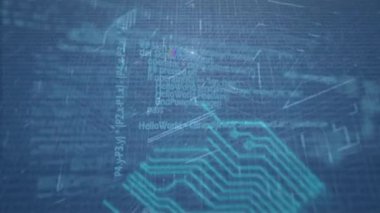 Parlayan bilgisayar devre kartının üzerinde veri işleme animasyonu. hesaplama, dijital arayüz ve veri işleme kavramı dijital olarak oluşturuldu.