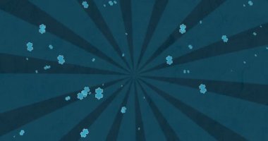 Dönen çizgili koyu mavi arka planda süzülen mavi yapbozların animasyonu. Ulusal bulmaca günü ve beyin aktivitesi konsepti dijital olarak oluşturuldu.