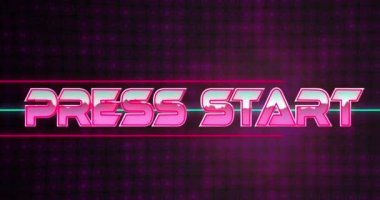 Basın animasyonunun metalik harflerle başlaması mor parlak desen üzerinde. Video oyunu ve veri işleme kavramı dijital olarak oluşturuldu.