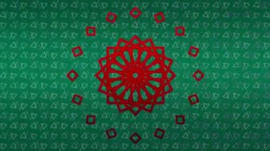 Yeşil zemin üzerinde kırmızı şekiller ve üçgenler. küresel bilgisayarlar, veri işleme, dijital arayüz ve teknoloji konsepti dijital olarak oluşturulmuş video.