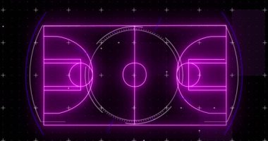 Mor neon basketbol sahası ve işaretlerin animasyonu. spor ve veri işleme kavramı dijital olarak oluşturulmuş video.