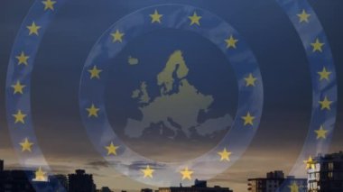 Avrupa haritası ve manzarası üzerinden Avrupa Birliği bayrağının canlandırılması. Avrupa Birliği, Avrupa Birliği, Topluluk ve siyaset konsepti dijital olarak üretilen video.