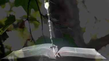Arka planda ağaçla birlikte haç ve tespihin düşüşü. din, inanç ve Hıristiyanlık kavramı dijital olarak oluşturulmuş video.