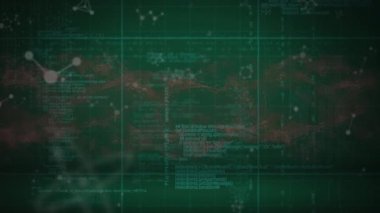 Yeşil zemin üzerinde molekül ve veri işleme animasyonu. bilgisayarlar, bilim, dijital arayüz ve teknoloji konsepti dijital olarak oluşturulmuş video.