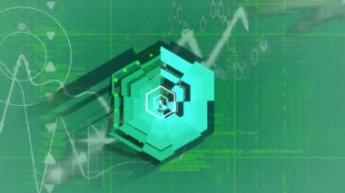 Altıgen animasyonu ve yeşil arkaplan üzerinde ikili kodlu finansal grafik. küresel finans, iş ve dijital arayüz kavramı dijital olarak oluşturulmuş video.