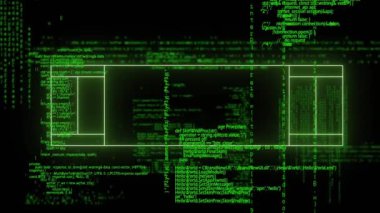 Neon yeşil spor alanı ve veri işleme animasyonu. spor, video oyunu ve veri işleme kavramı dijital olarak oluşturuldu.