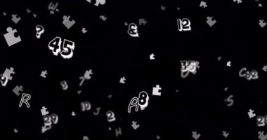 Siyah arkaplanda yüzen bulmaca ve numaraların animasyonu. Ulusal bulmaca günü ve beyin aktivitesi konsepti dijital olarak oluşturuldu.