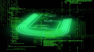 Yeşil neon futbol sahası ve veri işleme animasyonu. spor ve veri işleme kavramı dijital olarak oluşturulmuş video.