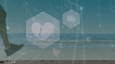 Kafkasyalı koşucu üzerindeki simgelerle bağlantı ağının animasyonu. Spor, bağlantılar ve veri işleme kavramı dijital olarak oluşturuldu.