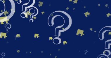 Mor arka planda soru işaretleri ve bulmacaların animasyonu. Ulusal bulmaca günü ve beyin aktivitesi konsepti dijital olarak oluşturuldu.