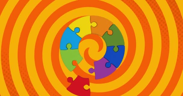 五彩斑斓的拼图在红色和黄色的背景上翻滚而过 国家拼图日和游戏概念数字产生的概念 — 图库视频影像