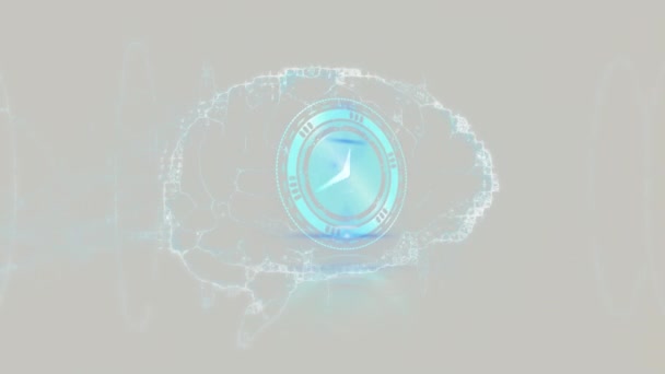 在米色背景下 时钟在大脑上移动的动画 数码界面 技术和通讯概念 — 图库视频影像