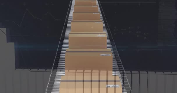 Animación Del Procesamiento Estadístico Sobre Cajas Cartón Cinta Transportadora Sobre — Vídeo de stock