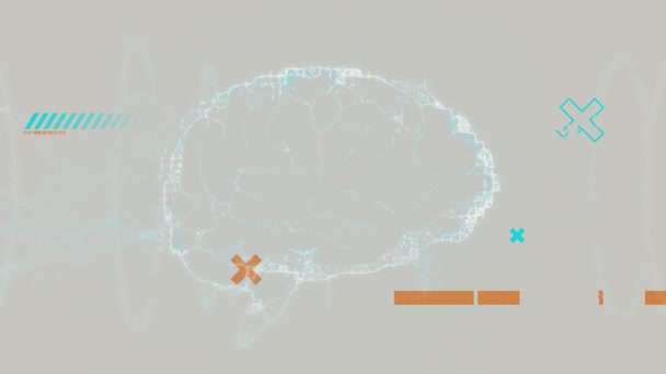 Animation Verschiedener Formen Über Gehirn Das Auf Beigem Hintergrund Rotiert — Stockvideo