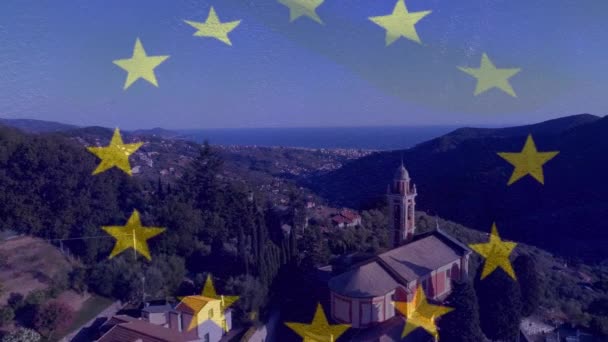 Κινούμενη Σημαία Της Ευρωπαϊκής Ένωσης Πάνω Στο Τοπίο Ευρωπαϊκή Ένωση — Αρχείο Βίντεο