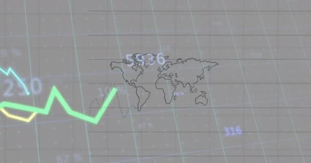Animação Processamento Estatísticas Com Linhas Sobre Mapa Mundo Com Grade — Vídeo de Stock