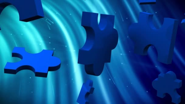 蓝色谜题的动画漂浮在浅蓝色的背景上 国家拼图日和大脑活动概念数字生成视频 — 图库视频影像