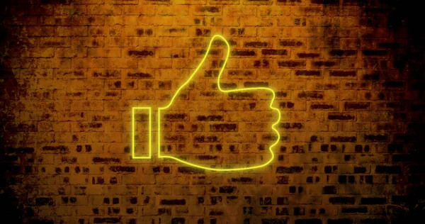 Image Glowing Neon Thumb Icon Brick Wall Social Media Communication — Stock Photo, Image