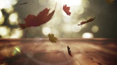 Sonbahar yapraklarının ahşap yüzeye düşüşünün animasyonu. mevsimler, sonbahar, zaman konsept üzerinden dijital olarak üretilen video.