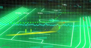 Yeşil neon futbol sahası ve veri işleme animasyonu. spor ve veri işleme kavramı dijital olarak oluşturulmuş video.