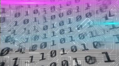 İkili kodlama animasyonu, parlayan bilgisayar devre kartında veri işleme. hesaplama, dijital arayüz ve veri işleme kavramı dijital olarak oluşturuldu.
