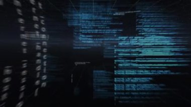 Siyah arkaplan üzerinde veri işleme animasyonu. Dijital arayüz ve veri işleme kavramı dijital olarak oluşturuldu.