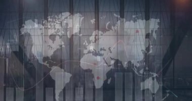 İstatistiksel veri işleme ve insanların yürüme ve şehir manzarasının hızlandırılmış dünya haritası. küresel ağ ve iş teknolojisi kavramı