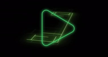Neon yeşil spor sahasının animasyonu ve yeşil titreşimli çalma düğmesi. spor ve veri işleme kavramı dijital olarak oluşturulmuş video.