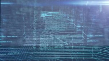 Parlayan bilgisayar devre kartının üzerinde veri işleme animasyonu. hesaplama, dijital arayüz ve veri işleme kavramı dijital olarak oluşturuldu.