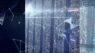 Dünya üzerindeki ışıkların ve entegre devrelerin animasyonu. dijital arayüz, bilgisayarlar, teknoloji ve iletişim konsepti dijital olarak oluşturulmuş video.