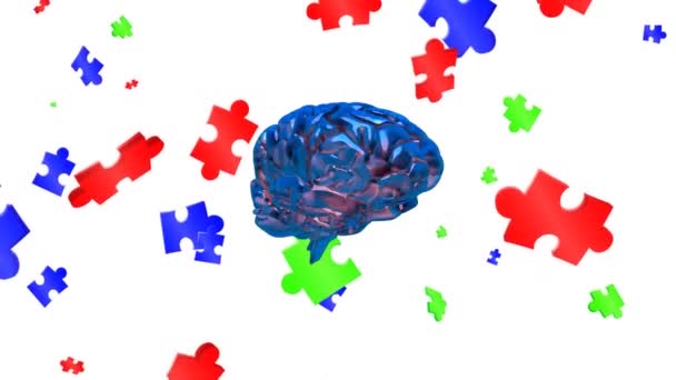 Animation Puzzles Brain Floating White Background National Puzzle Day Brain — Stock Video