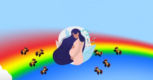 Animación Mariposas Volando Sobre Mujer Embarazada Arco Iris Cielo Día — Vídeo de stock