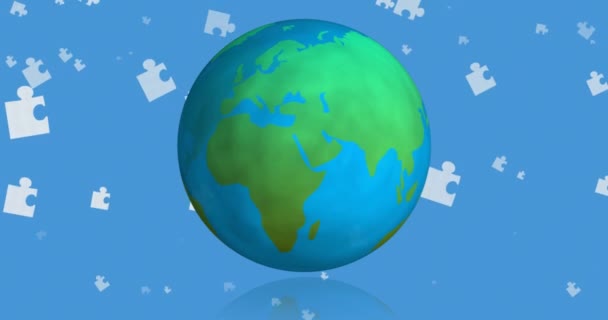 Mavi Beyaz Yapboz Parçalarının Mavi Arka Planda Dünyaya Düşüşünün Animasyonu — Stok video