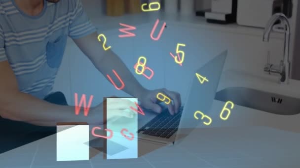코카서스 남자에 데이터와 그래프 애니메이션 노트북을 사용하여 글로벌 비즈니스 디지털 — 비디오