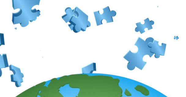 Animazione Pezzi Puzzle Blu Che Cadono Sul Globo Sfondo Bianco — Video Stock